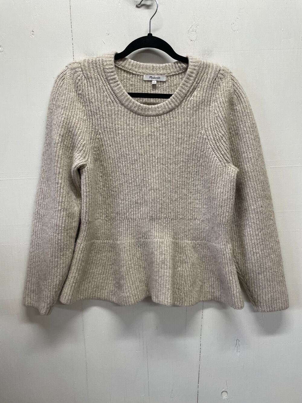 Madewell Women's Wool-Blend Flared Peplum Sweater Heather Beige Size Large